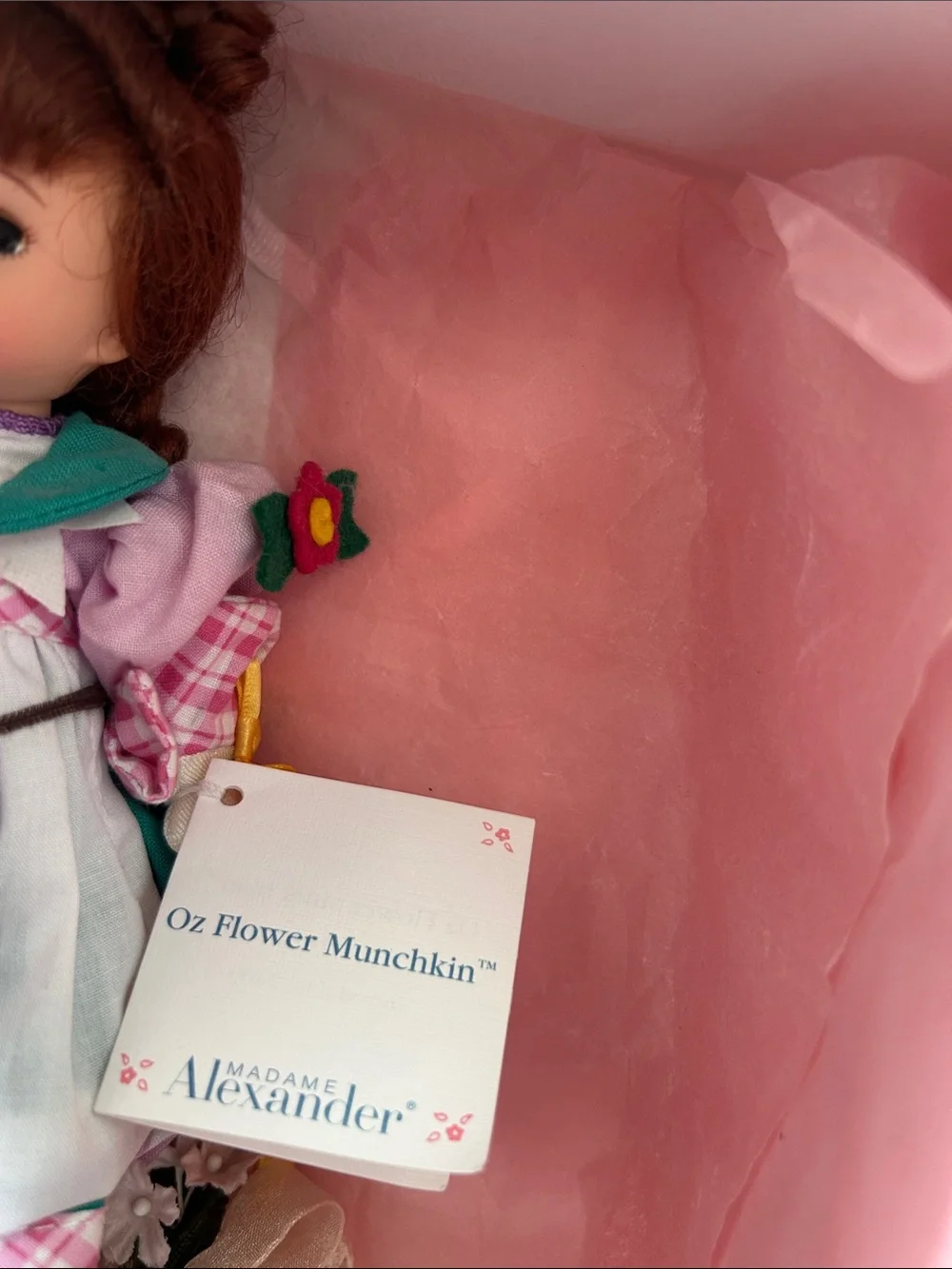 Madame Alexander Pink Plaid Dress Doll with Blue Felt Flower